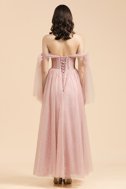 A-line Pink Off The Shoulder Bow Tulle Floor Length Bridesmaid Dress