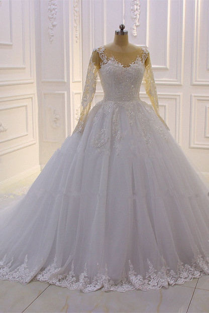 Gorgeous Bateau Long Sleeve Tulle Appliques Lace Ball Gown Wedding Dress