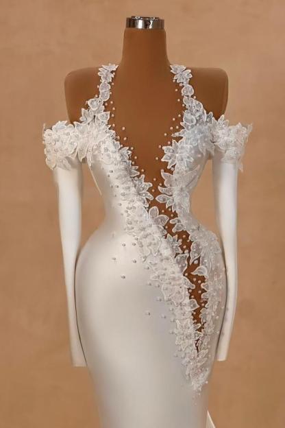 Flower Off The Shoulder Long Sleeve Mermaid Satin Long Prom Dress with Beads