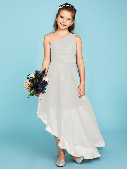 A-Line One Shoulder Asymmetrical Chiffon Junior Bridesmaid Dress With Side Draping / Wedding Party