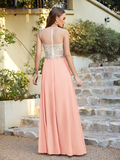 Elegant Long A-line Chiffon Sleeveless Tulle Lace Appliques Prom Dress