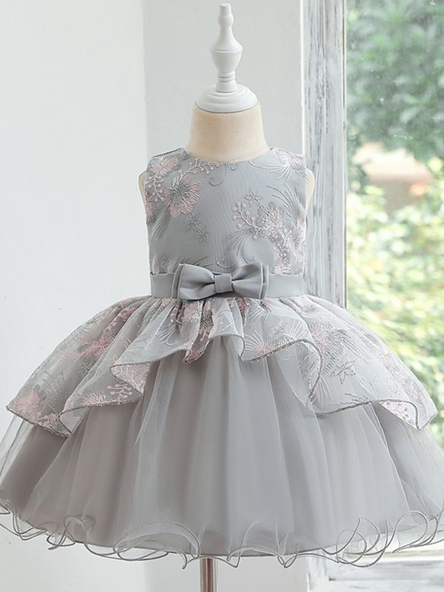 Princess / Ball Gown Knee Length Wedding / Party Flower Girl Dresses - Tulle Sleeveless Jewel Neck With Bow(S) / Tier