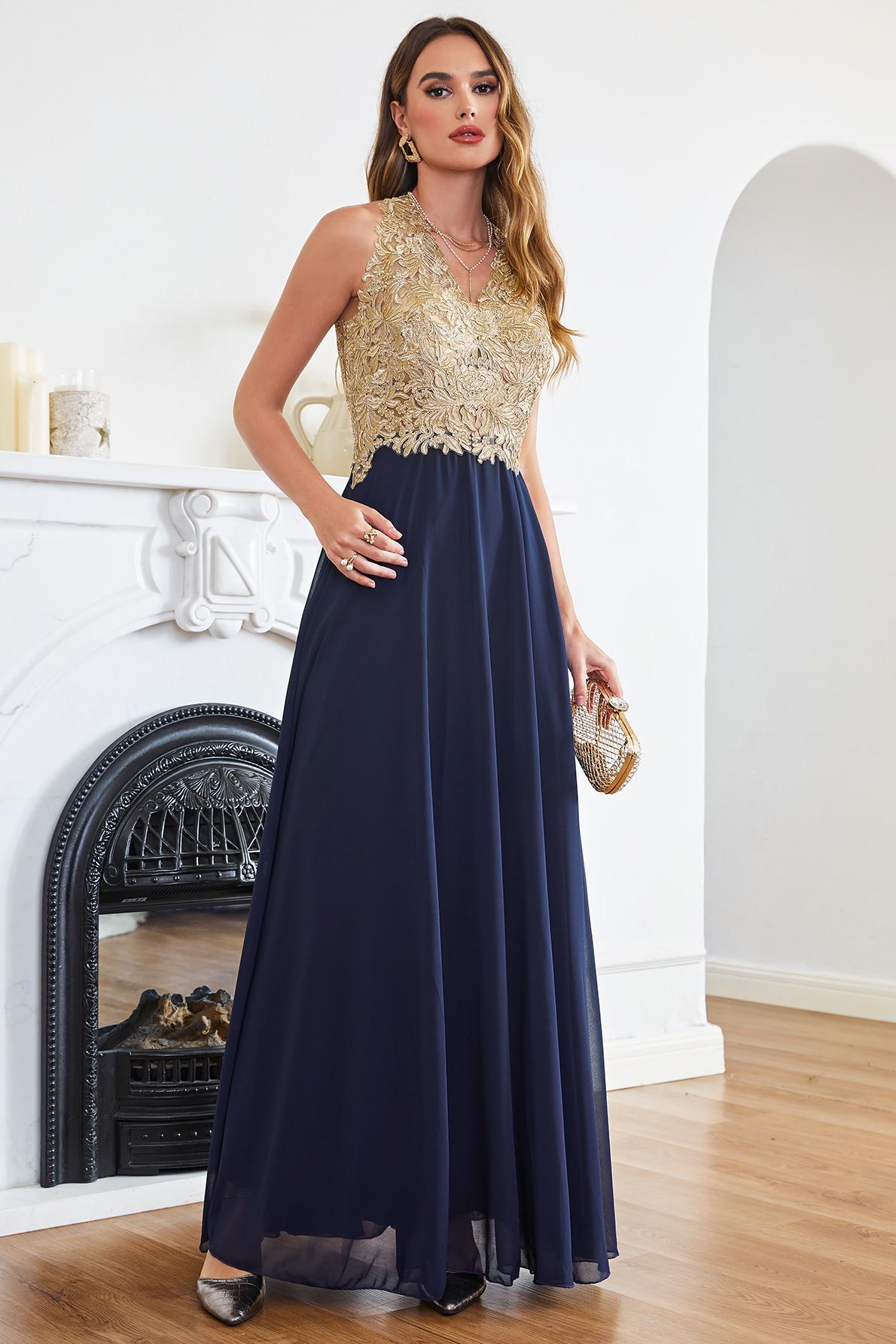 Long Halter Gold Lace Appliques A-line Chiffon Formal Evening Dress