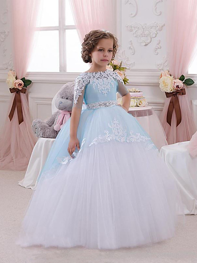 Princess Floor Length Wedding / Birthday / Pageant Flower Girl Dresses - Lace / Tulle Short Sleeve Jewel Neck With Lace / Appliques / Crystals / Rhinestones
