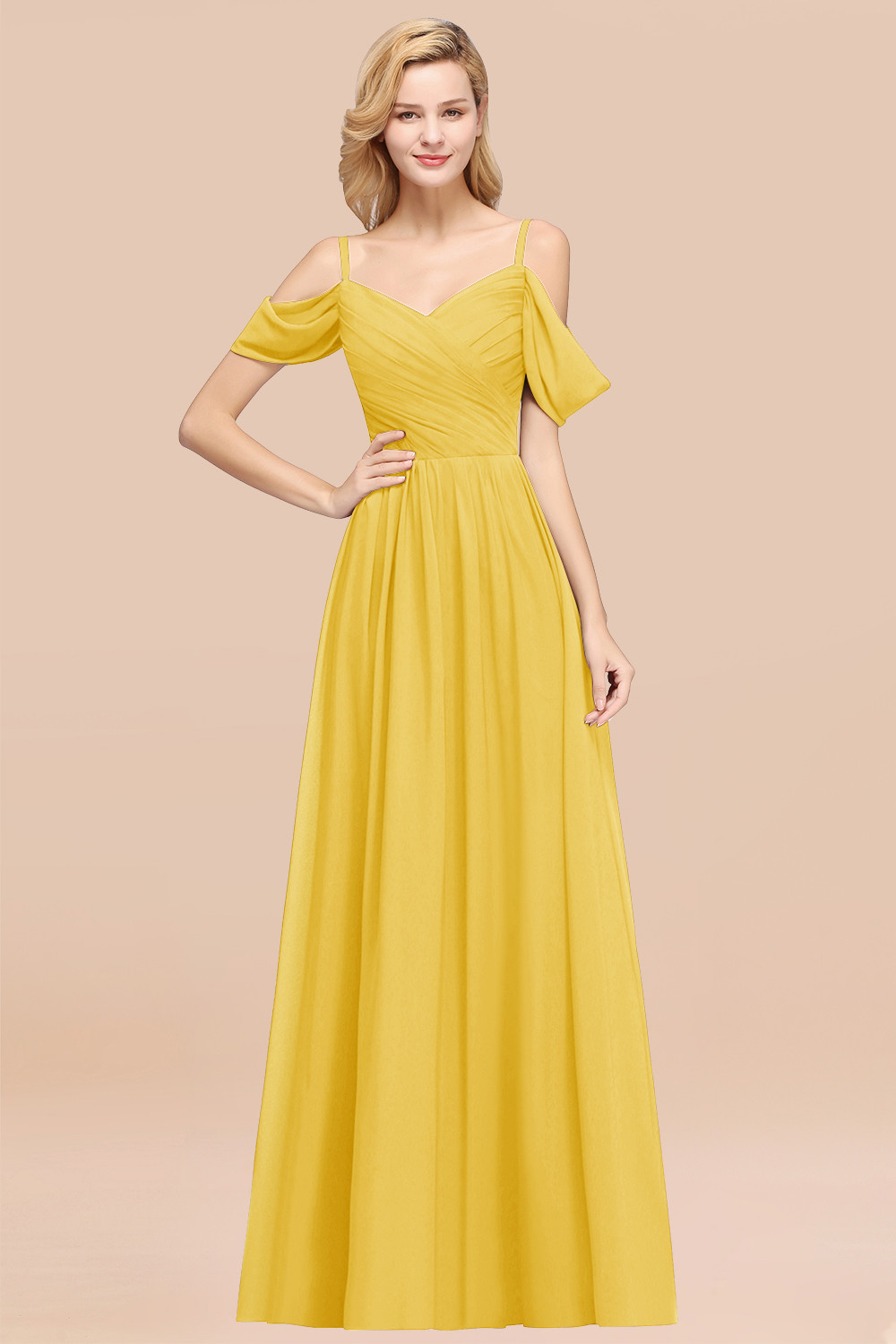 A-Line Chiffon V-Neck Spaghetti Straps Short-Sleeves Floor-Length Bridesmaid Dresses with Ruffles