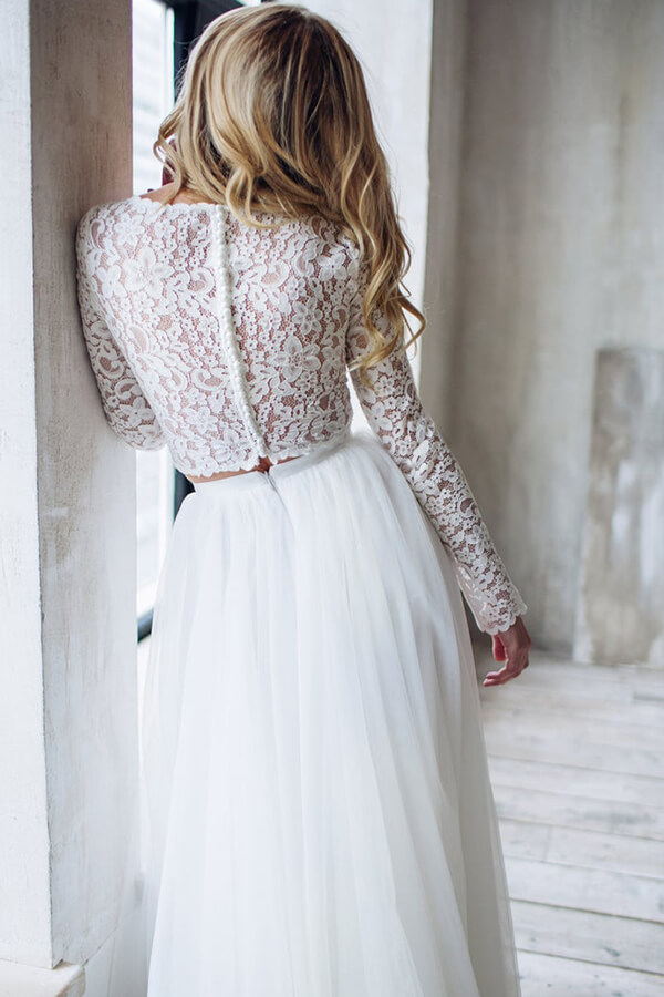 Long A-line Lace Chiffon Two Piece Wedding Dress