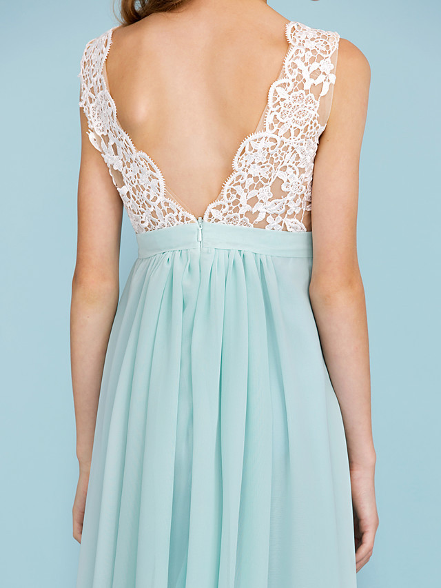 Sheath / Column V Neck Floor Length Chiffon / Lace Junior Bridesmaid Dress With Sash / Ribbon / Pleats / Color Block / Wedding Party / Open Back