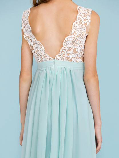Sheath / Column V Neck Floor Length Chiffon / Lace Junior Bridesmaid Dress With Sash / Ribbon / Pleats / Color Block / Wedding Party / Open Back