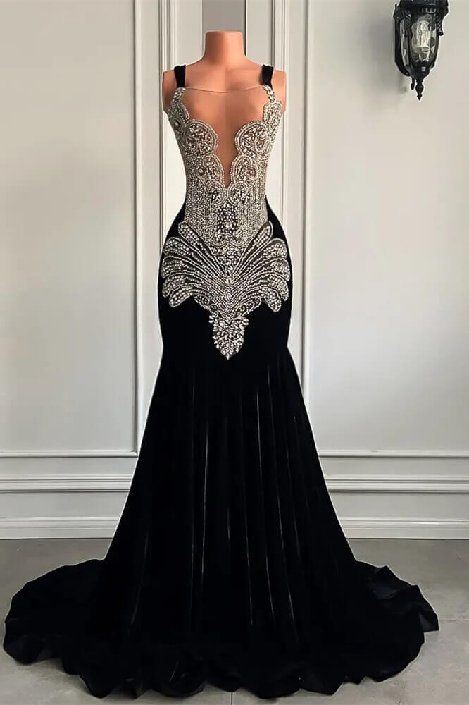 Long Velvet Appliques Spaghetti Straps Mermaid Prom Dress with Beads
