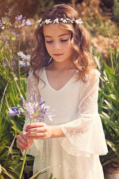 Long A-line Appliques Lace V-neck Floor Length Flower Girl Dress with Sleeves