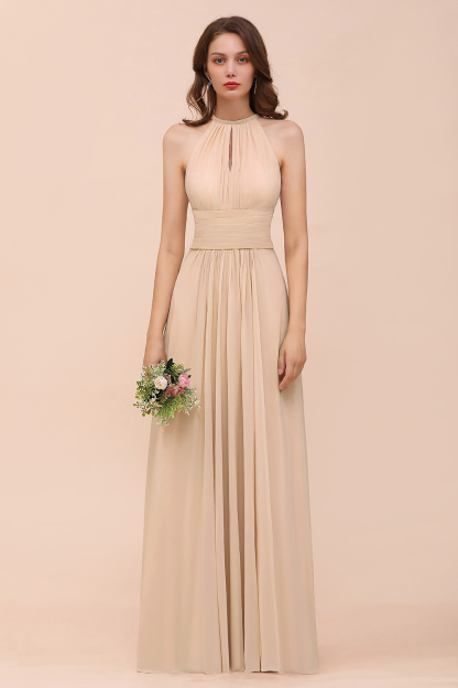 Elegant Long A-Line Jewel Ruffle Chiffon Champagne Bridesmaid Dress