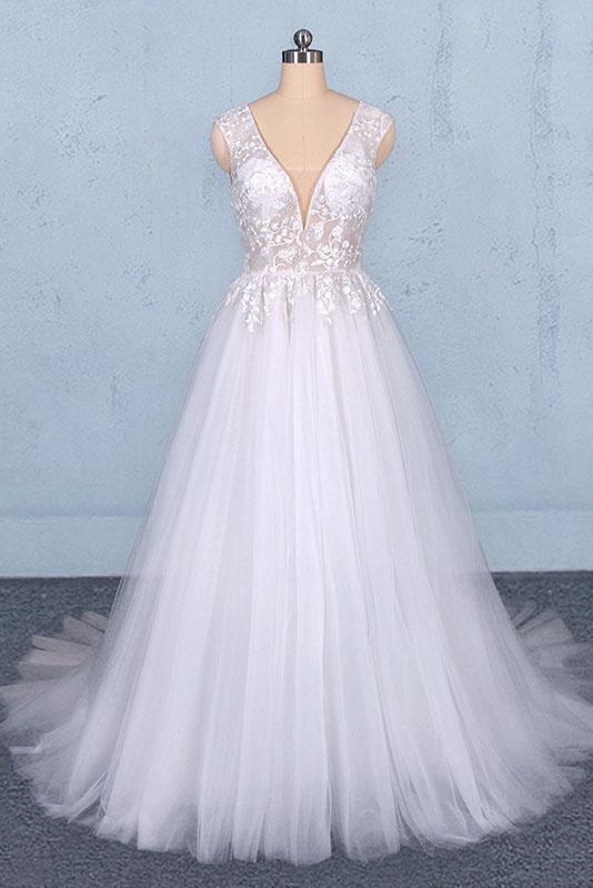 Sexy V Neck Tulle with Lace Appliques A Line Backless Wedding Dress