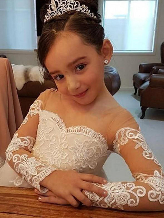 Ball Gown Court Train Wedding Flower Girl Dresses - Lace / Satin / Taffeta Long Sleeve Off Shoulder With Bow(S) / Solid