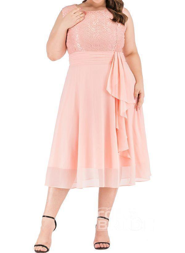 Dark Blue Plus Size Solid Round Neckline Casual Midi X-line Dress Plus Dress