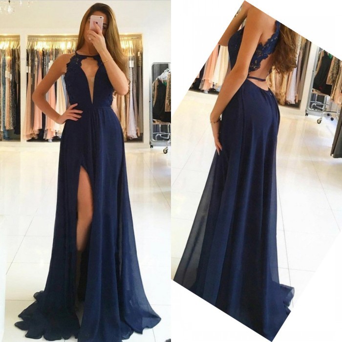 A-Line Keyhole Backless Chiffon Ruffles Floor-length Prom Dress With Side Slit