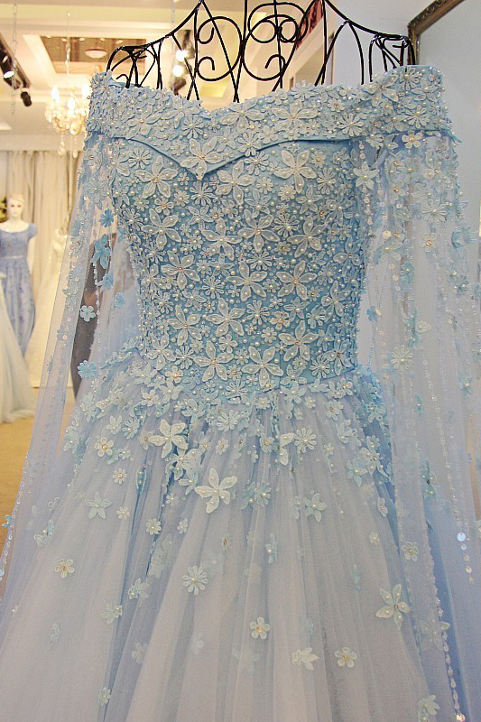 Pretty Off-the-shoulder Tulle Long Sleeves Beading Flower Ball Gown Prom Dress