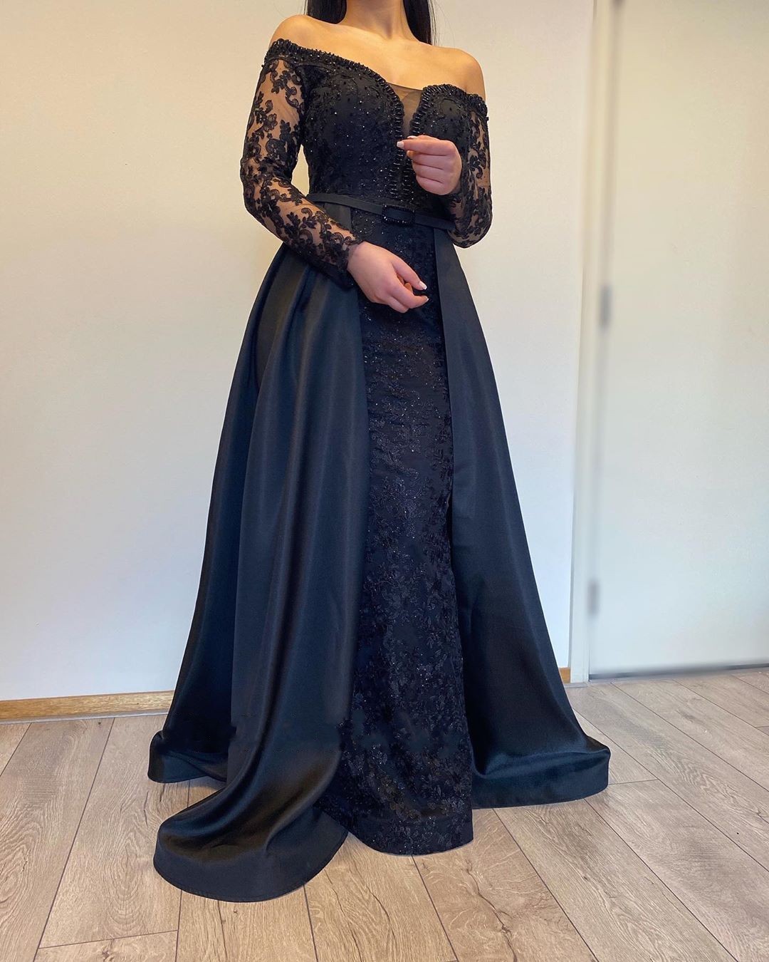 Long A-line Off-the-shoulder Lace Detachable Prom Dress with Sleeves