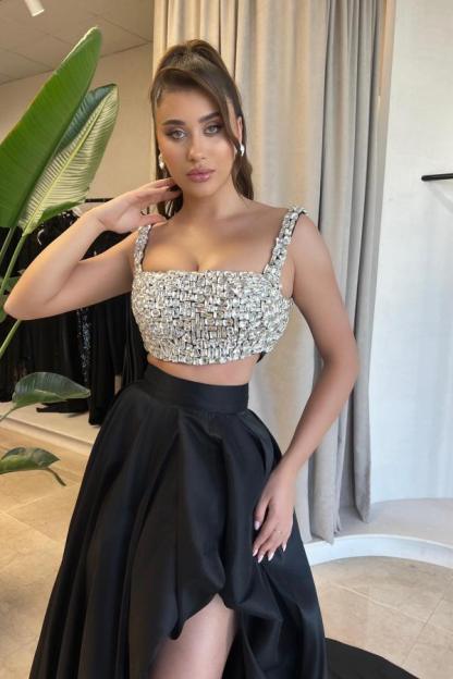Glitter Black Two Piece A-line Satin Formal Prom Dresses with Slit
