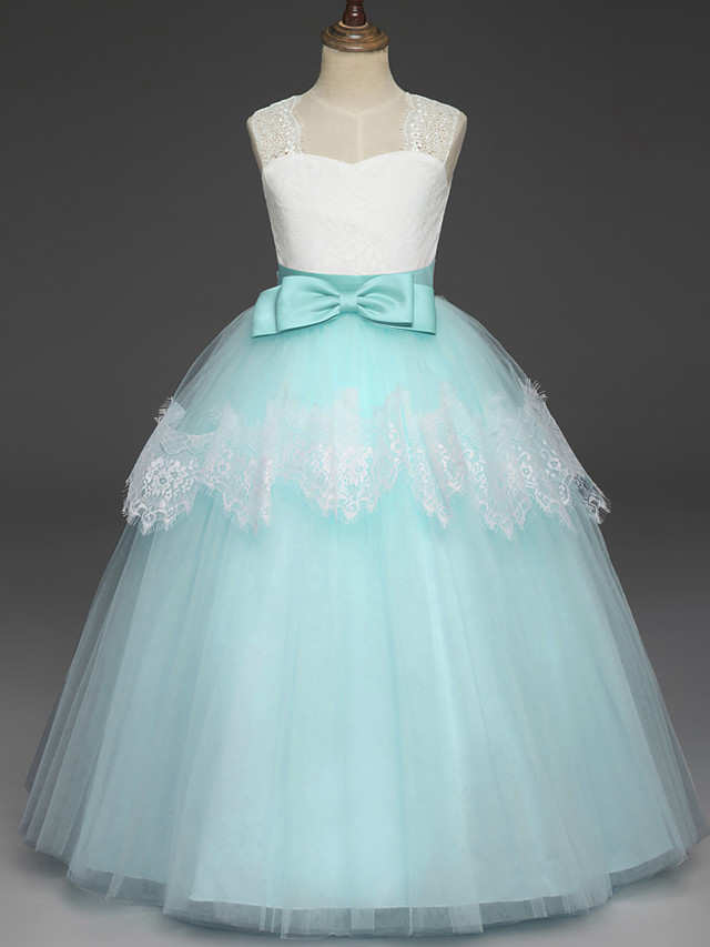 Long A-line Tulle Lace Sleeveless Flower Girl Dresses with Bow