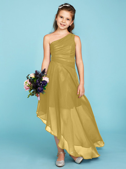 A-Line One Shoulder Asymmetrical Chiffon Junior Bridesmaid Dress With Side Draping / Wedding Party