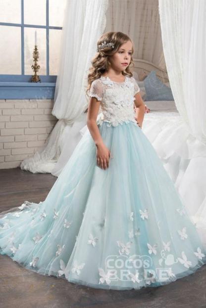 Pink Scoop Neck Short Sleeves Ball Gown Flower Girl Dress