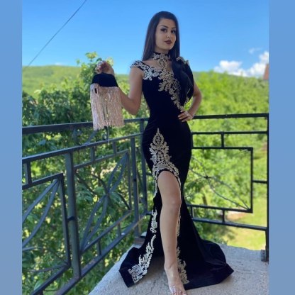 Sexy Black High Neck Appliques Lace Velvet Floor-length Mermaid Prom Dress With Slit