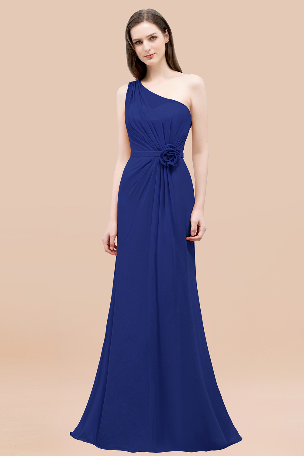 Mermaid Chiffon One-shoulder Sleeveless Ruffled Floor-Length Bridesmaid Dresses with Flower