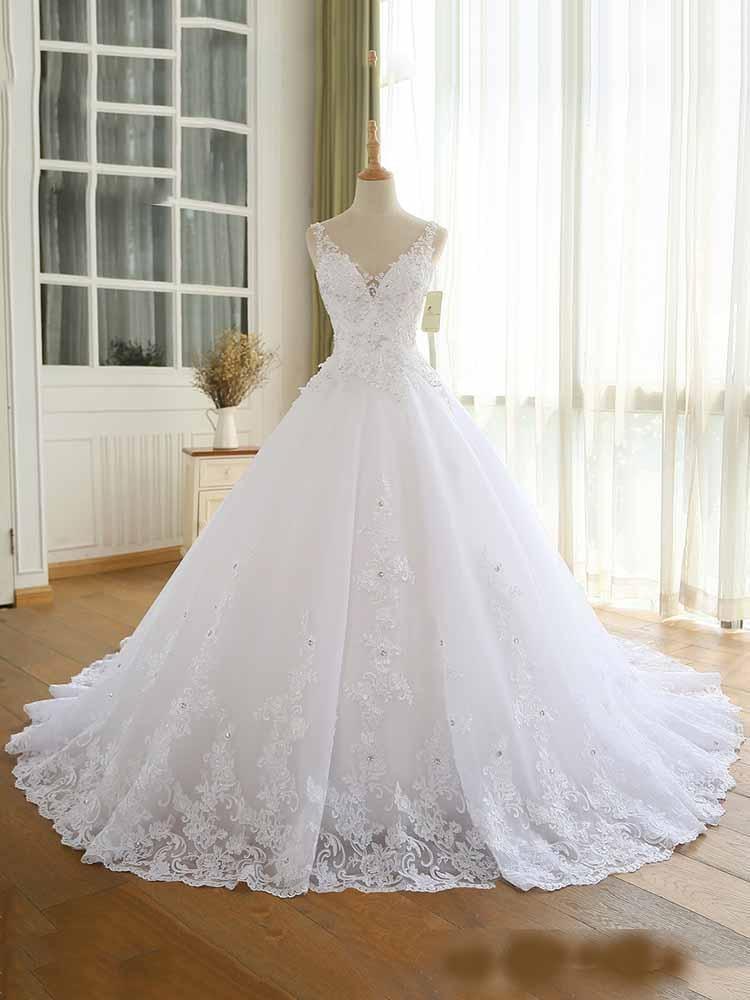 Modest White Long A-line V-Neck Tulle Lace-up Wedding Dresses