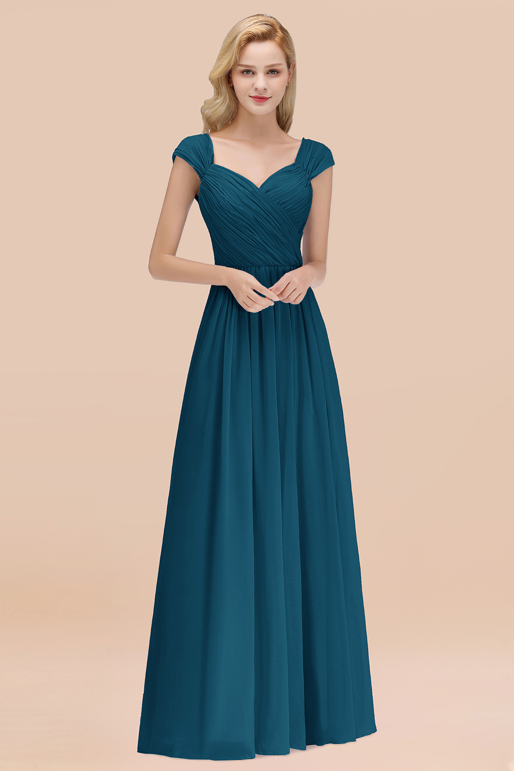 A-Line Chiffon Straps Sweetheart Sleeveless Floor-Length Bridesmaid Dress with Ruffles