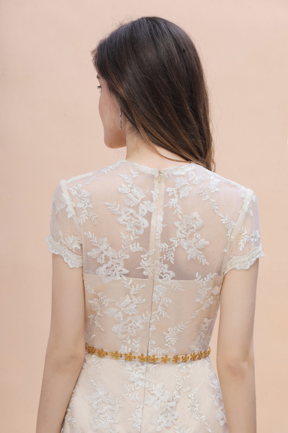 Tulle Lace Beads Belt Short Sleeves Mother of Bride Dress