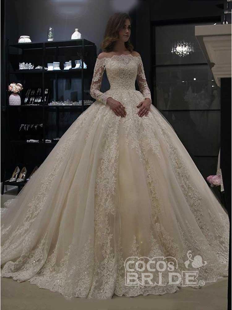 Gorgeous Long Sleeves Off the Shoulder Lace Ball Gown Wedding Dresses