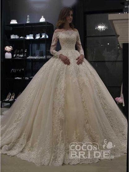 Gorgeous Long Sleeves Off the Shoulder Lace Ball Gown Wedding Dresses