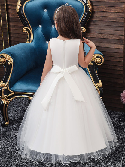 A-Line Medium Length Wedding / Party / First Communion Flower Girl Dresses - Tulle / Matte Satin / Poly&Cotton Blend Sleeveless Jewel Neck With Lace / Beading / Solid