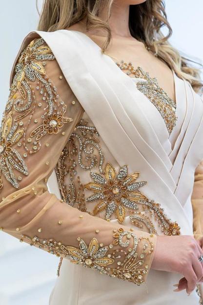 Elegant Long Sleeves Mermaid V-neck Satin Tulle Beading Evening Formal Dress