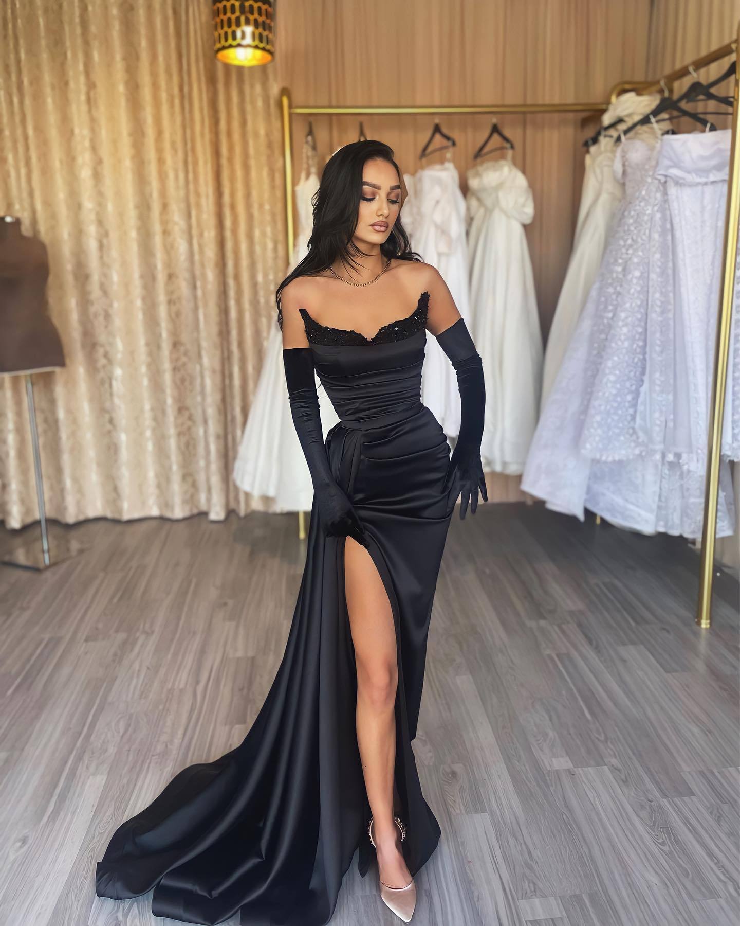 Black Long Mermaid Satin Sweetheart High Split Prom Dresses