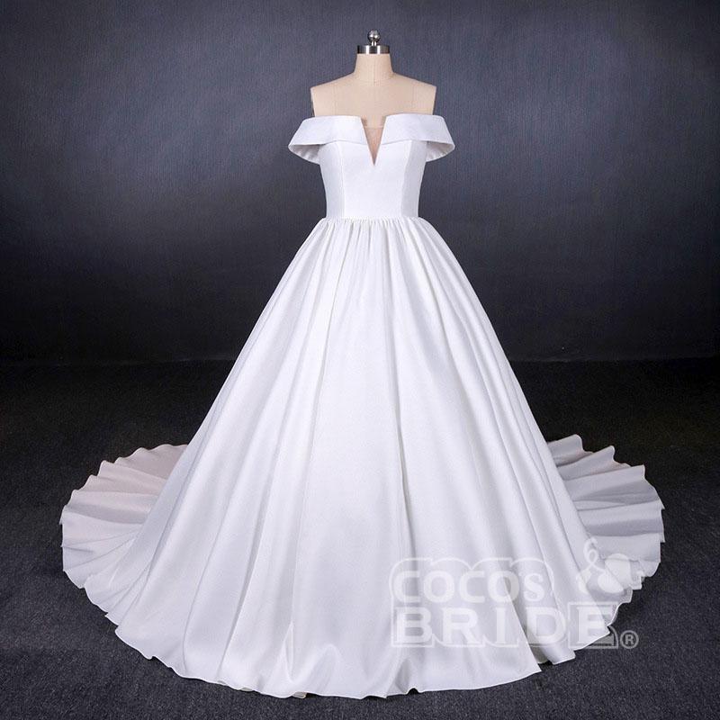 Elegant Off the Shoulder Satin Ball Gown Long Train Wedding Dress