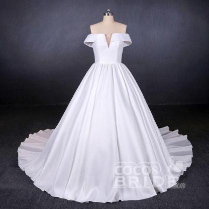Elegant Off the Shoulder Satin Ball Gown Long Train Wedding Dress