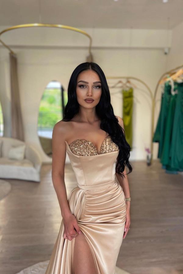 Elegant Champagne Long Mermaid Sweetheart Satin Beads Prom Dress with Slit