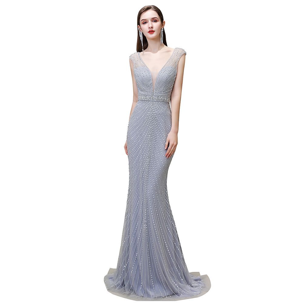 Sexy Mermaid V-neck Silver Long Prom Dress