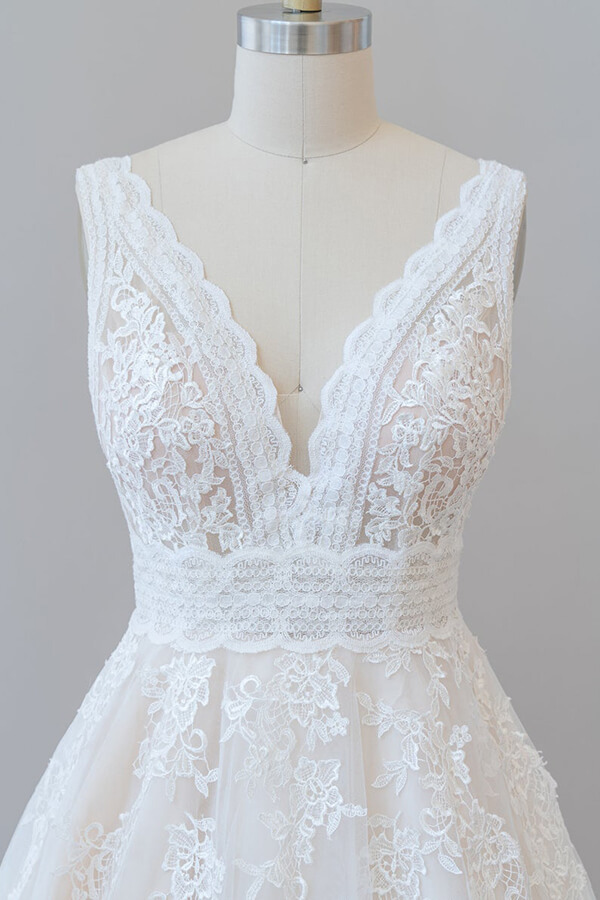 Elegant Long V-neck Appliques Lace Tulle A-line Wedding Dress