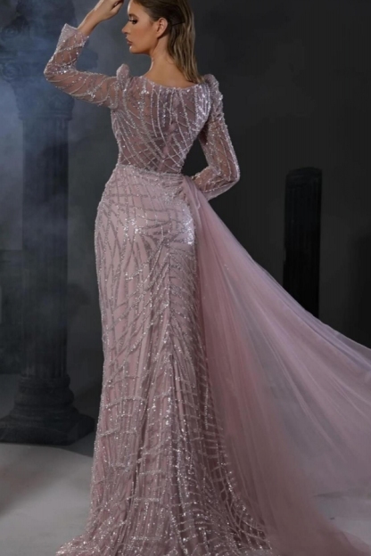 Long Sleeve Mermaid Pink Tulle Sweetheart Prom Dress with Seqins