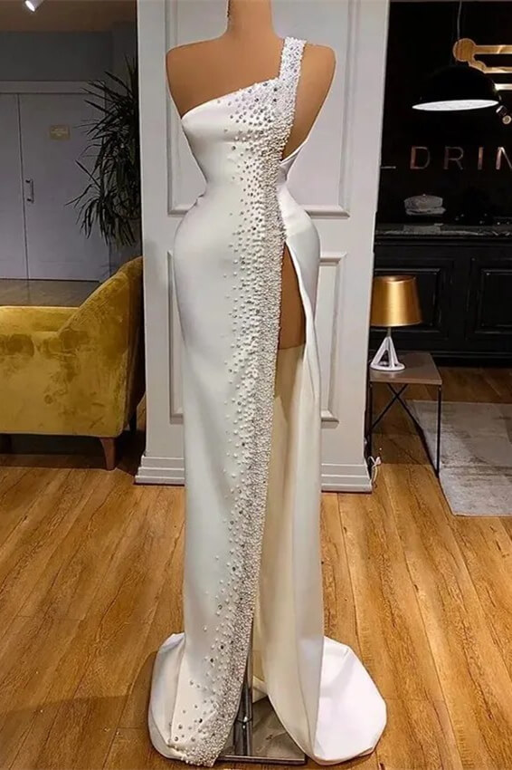 Beaded One Shoulder High Slit Mermaid White Satin Long Prom Dress