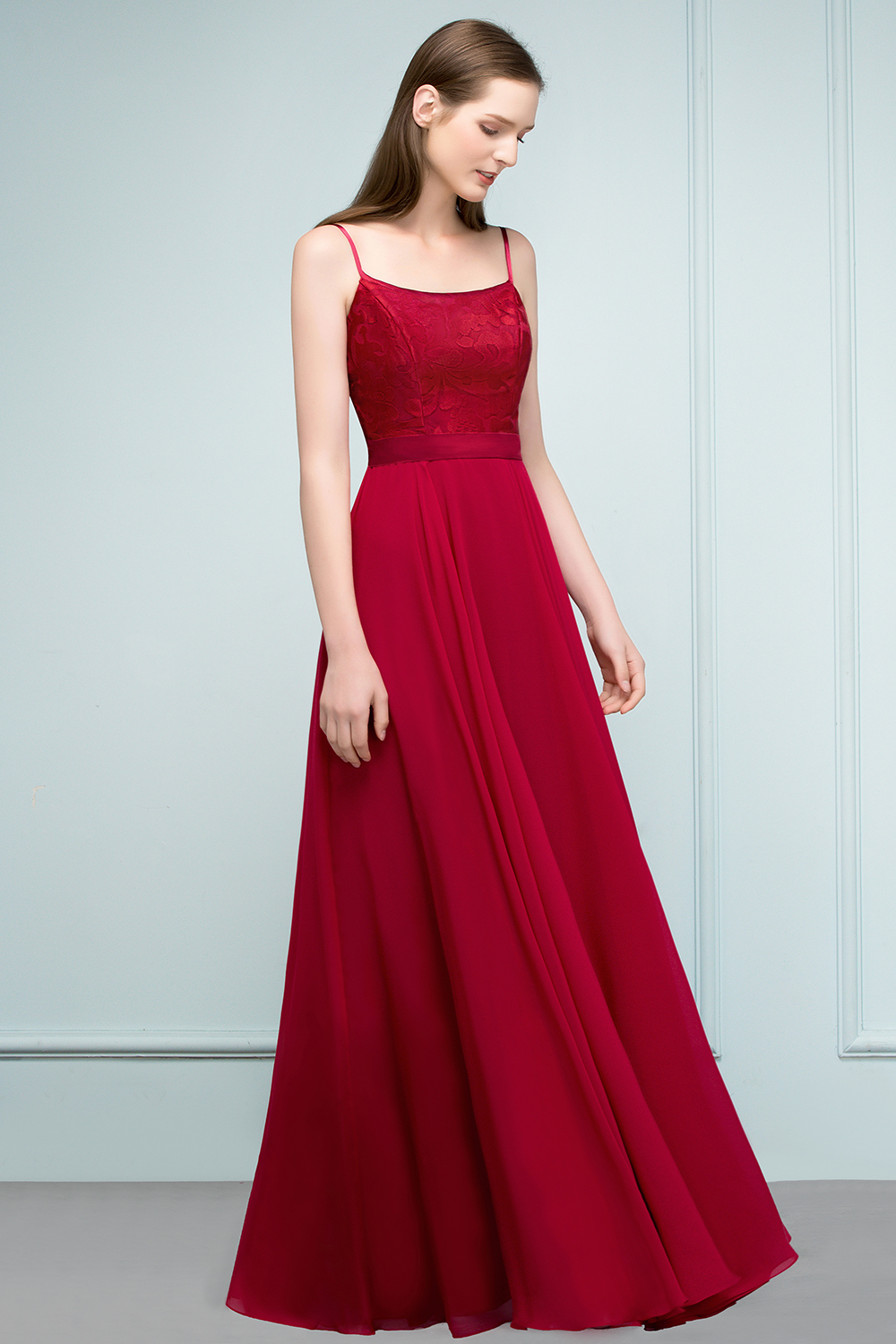 Long Chiffon A-line Lace Burgundy Evening Formal Dress