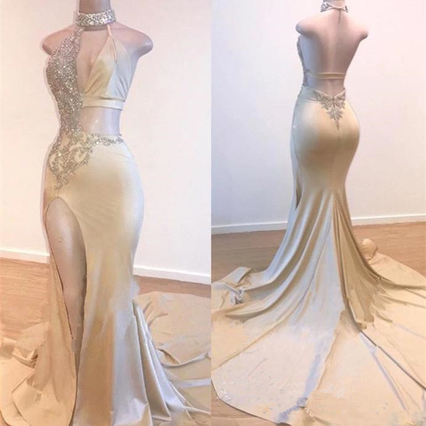 Long Mermaid Halter Satin Beading Split Front Backless Prom Dress