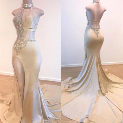 Long Mermaid Halter Satin Beading Split Front Backless Prom Dress