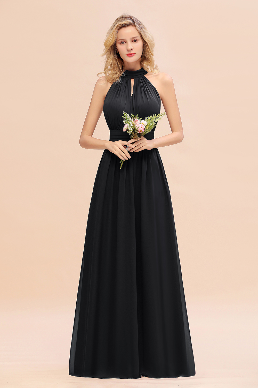 BM0758 Glamorous High-Neck Halter Bridesmaid Affordable Dresses with Ruffle