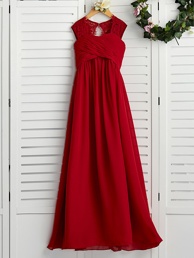 A-Line Square Neck Floor Length Chiffon Junior Bridesmaid Dress With Lace / Ruching
