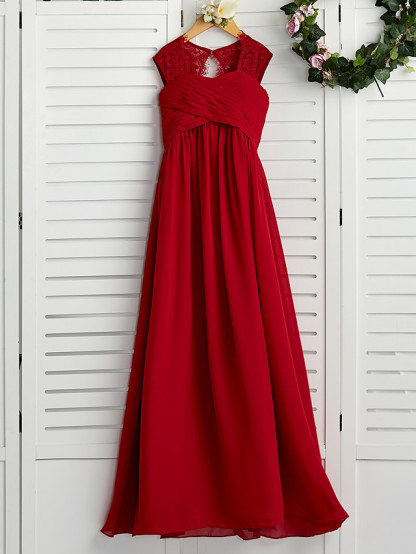 A-Line Square Neck Floor Length Chiffon Junior Bridesmaid Dress With Lace / Ruching