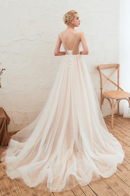 Long A-line Bateau Tulle Open Back Wedding Dress With Floral Lace