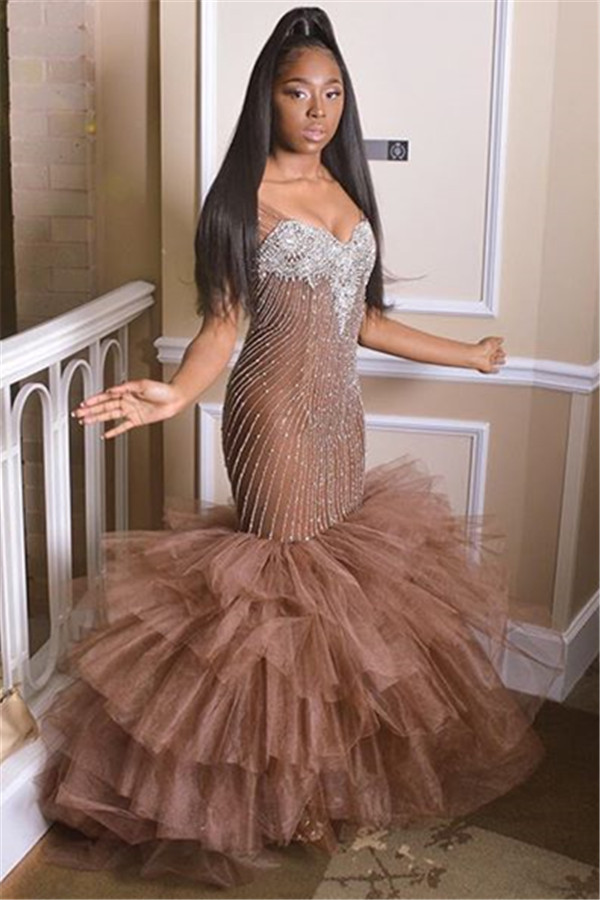 fitted lace wedding dress Feather-Trim Long Beaded Mermaid Prom Dress CC2308 Rose Gold / 2 main image 0